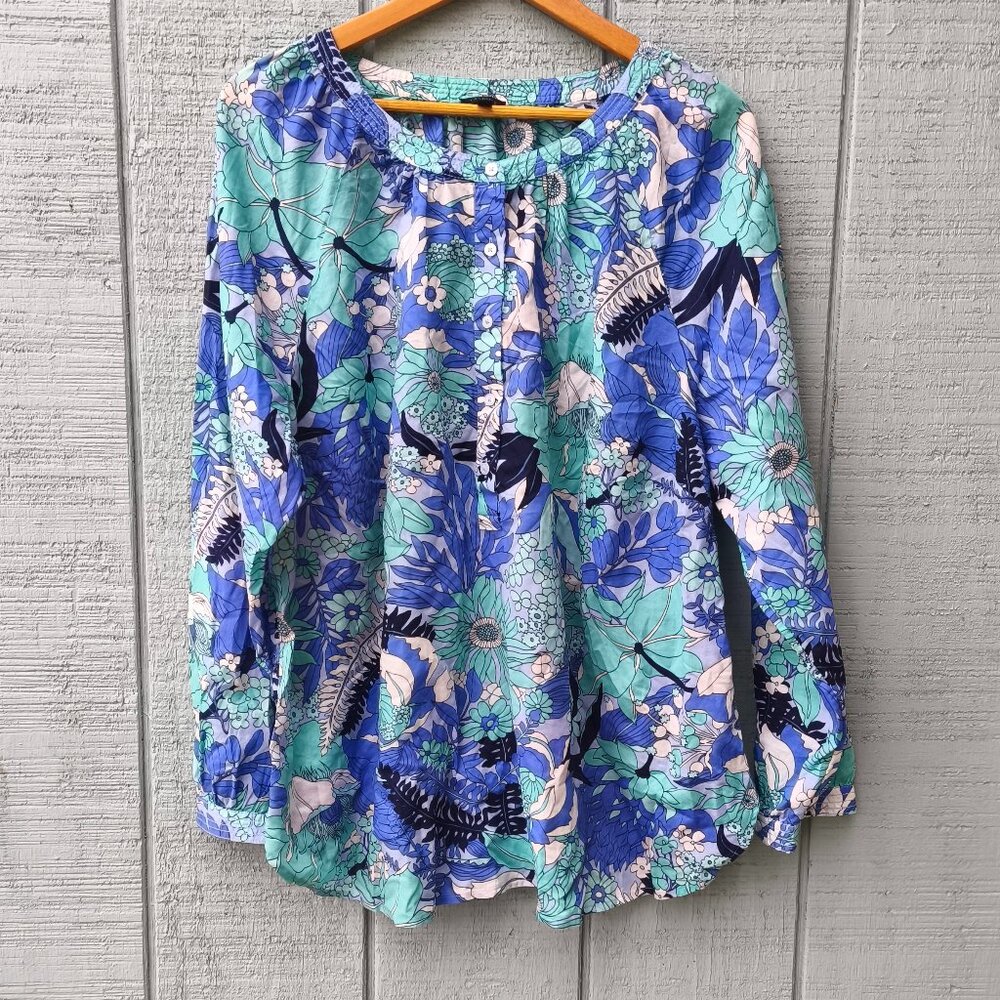 Talbots 100% Cotton Floral Peasant Popover Blouse sz 2X Blue Seafoam Coastal Fem